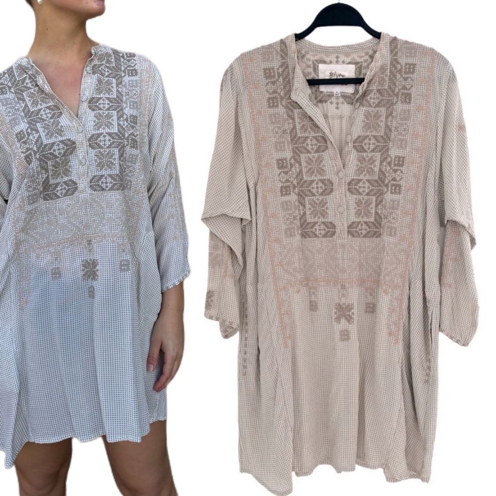 Johnny Was Biya 100% Silk Beige Embroidered Tunic Shirt Dress Boho Cottagecore M - Picture 1 of 11